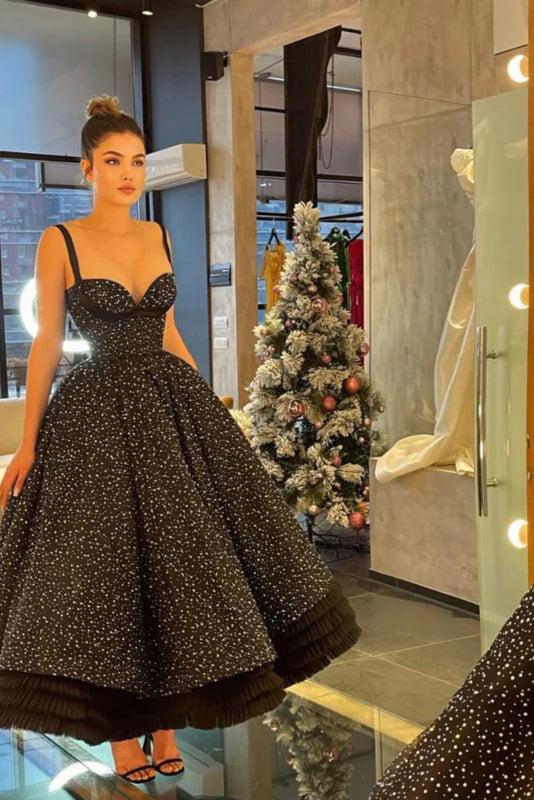 Wholesale A Line Black Ankle Length Evening Dresses Ruffles Prom Dress